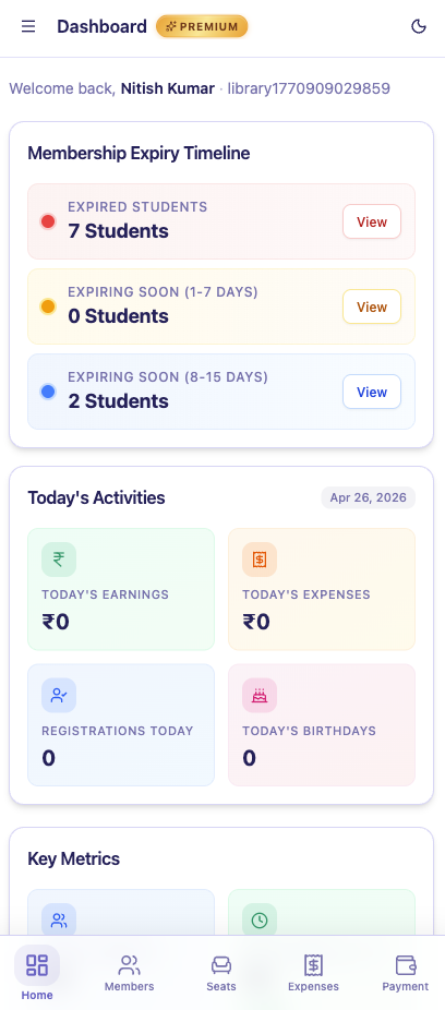 24Library mobile app dashboard with seat management, attendance tracking, and revenue overview for study libraries